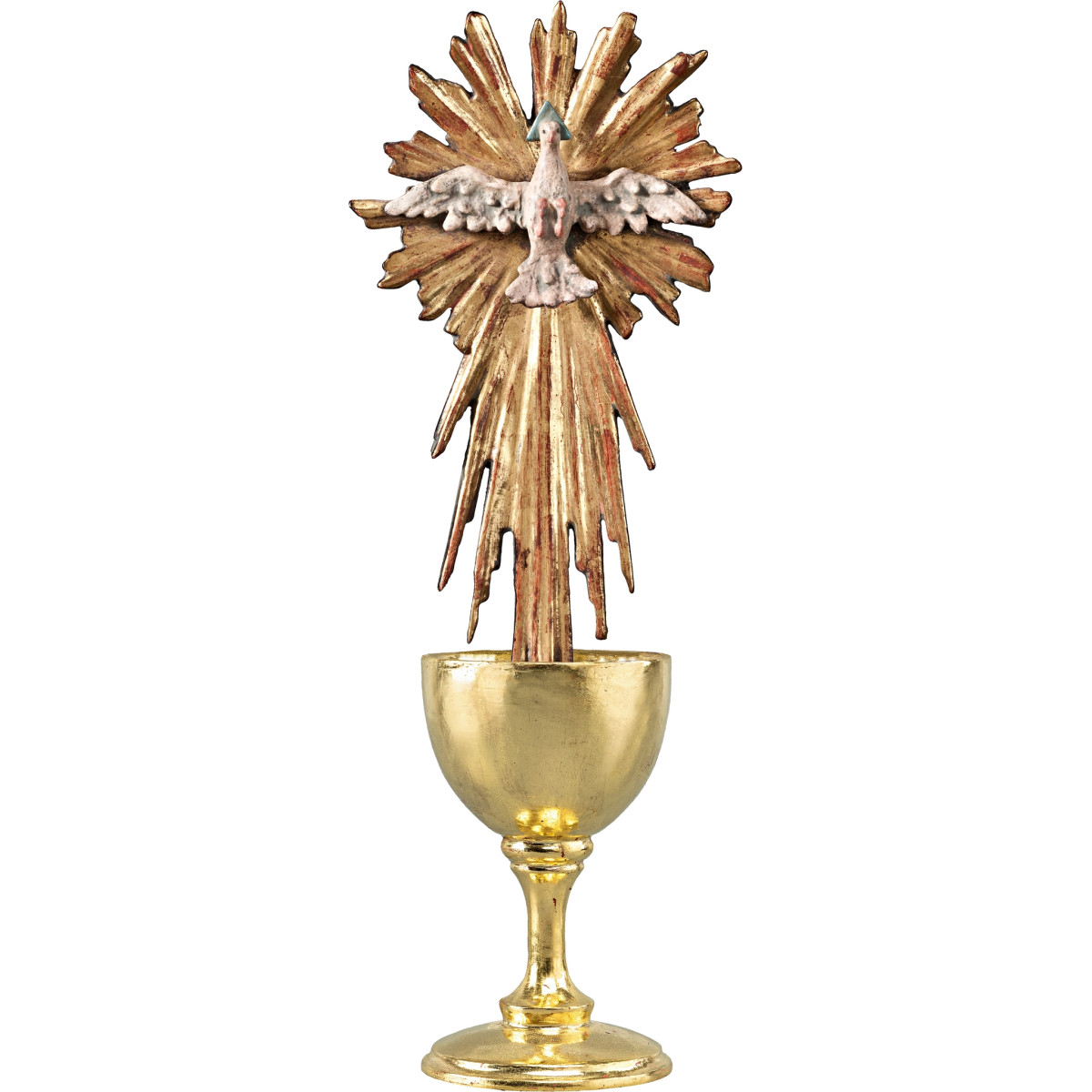Cáliz de madera con Espíritu Santo con aureola y cola